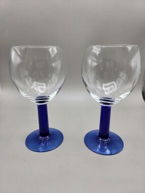 Vintage Cobalt Blue Stem Glass Wine Goblets - Set of 2